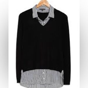Adrianna Papell Sweater With a Black &White Stripe Collared Shirt, Shirttail Hem